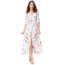 Kate Kasin Padrão Floral Feminino Meio Manga V-Neck Botão Placket Sexy Split Maxi Vestido KK000652-2